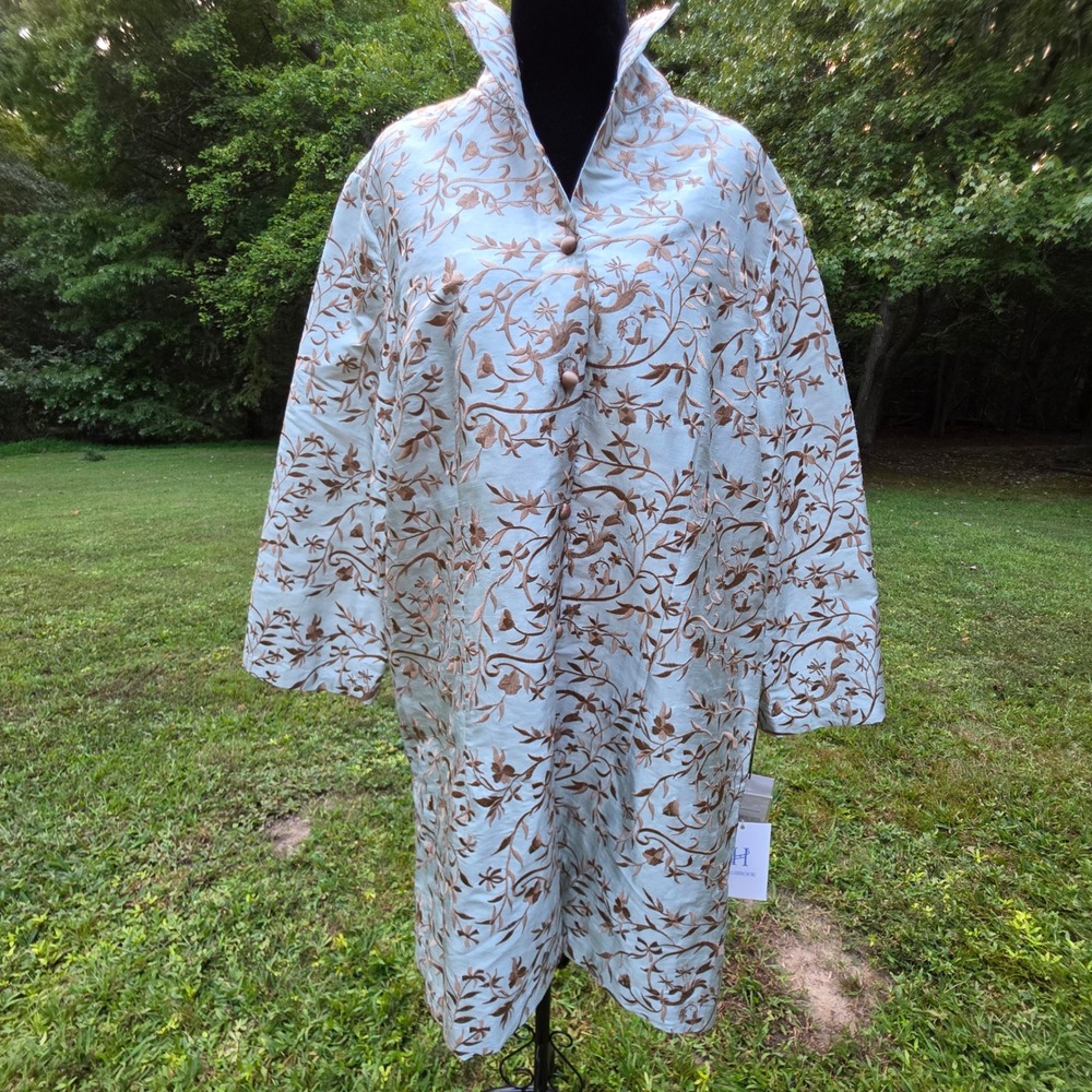 CONNIE ROBERSON XL Blue Silk Embroidered Duster Coat Rich Aunty Quiet Luxury